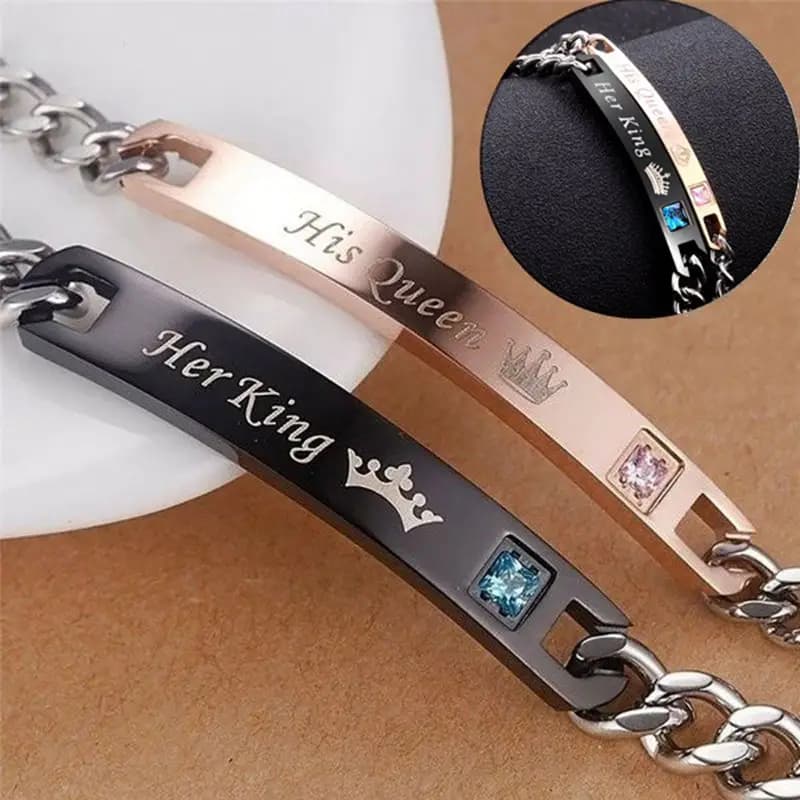 2-Piece Set: His Queen Her King Couple Bracelets - Stainless Steel Matching Wristbands, Lovers Bracelets with Crown Charm