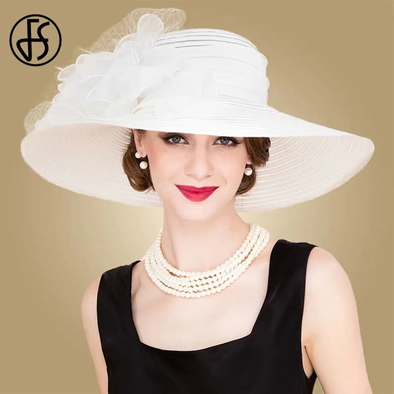 Elegant Black and White Women's Church Hats with Summer Flowers, Large Brim Organza Hat Perfect for Beach and Kentucky Derby, Fedora Style