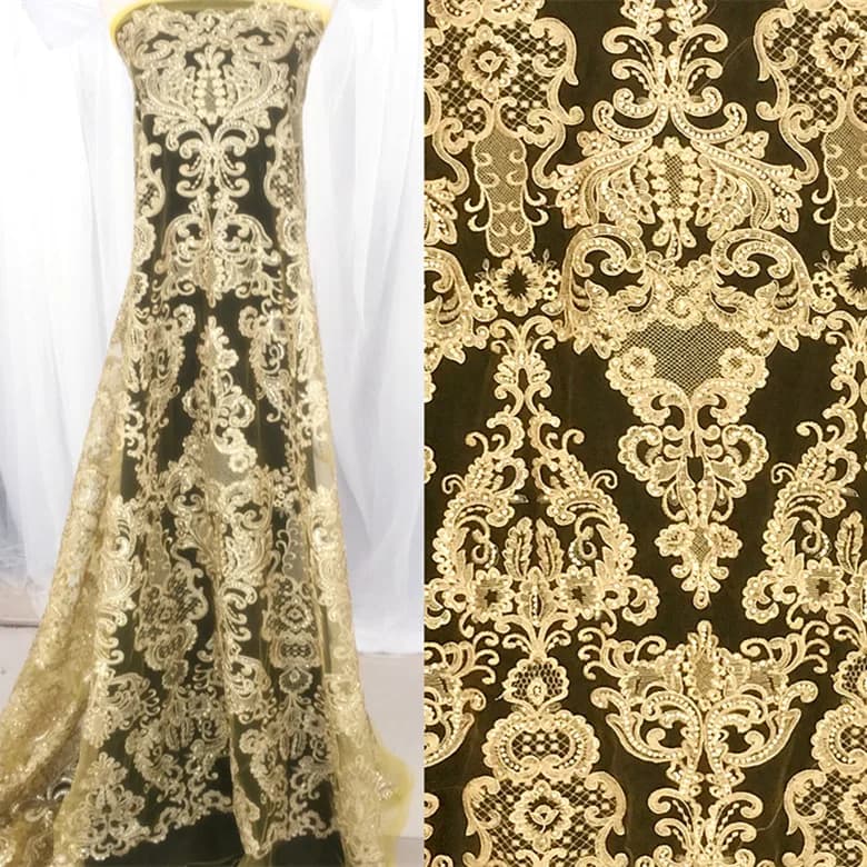 Gold Lace Black and Ivory Color Corded Wedding Lace Fabric with Sequins - 1 Yard/lot Sequins Embroidered Lace Fabric