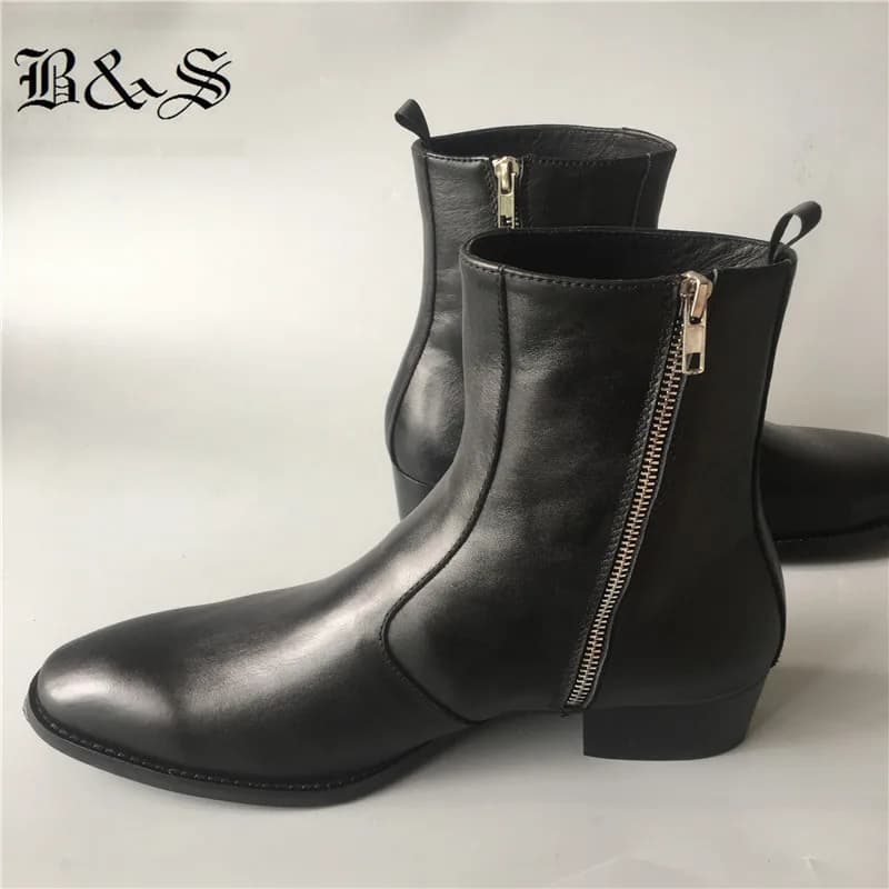 Black&Street New Slim Fit Wedge Luxury Genuine Leather Chelsea Zipper Boots 4cm Heel High | Men's Dress Wedding Business Boots