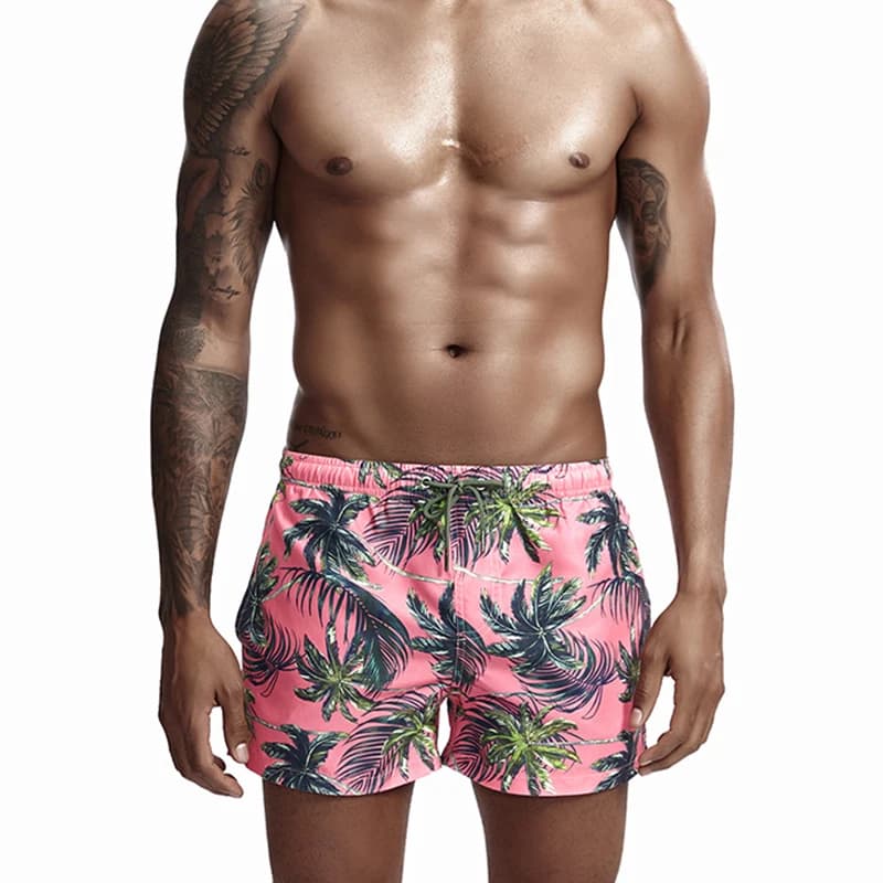 Men's Leaves Printed Swim Shorts Quick Dry Surf Board Shorts Pink Gay Swimsuit XL Beach Pants