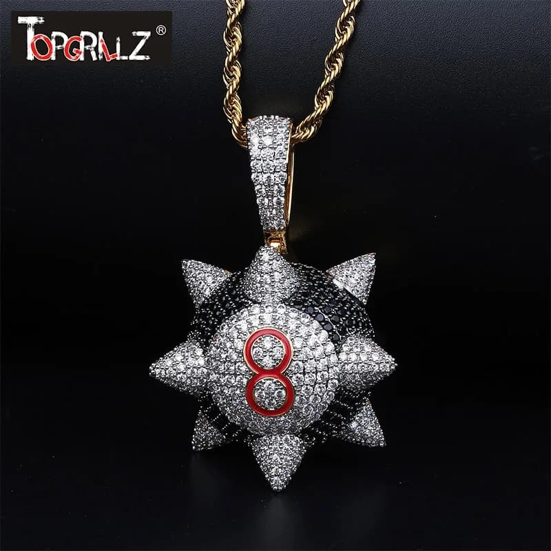 TOPGRILLZ Trippieredd Inspired Spike 8-Ball Billiard Pendant Necklace with Tennis Chain - Iced Out Hip Hop Jewelry