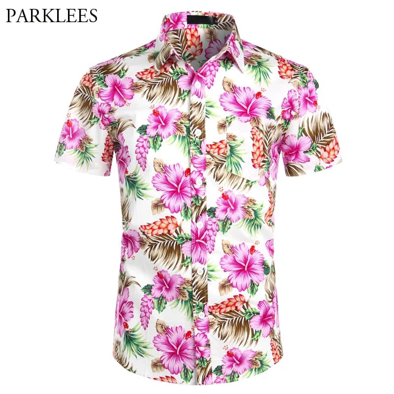 Hawaiian Shirts Men's Tropical Pink Floral Beach Shirt - Summer Short Sleeve Vacation Clothing - Casual Hawaii Shirt Men - USA Size XXL