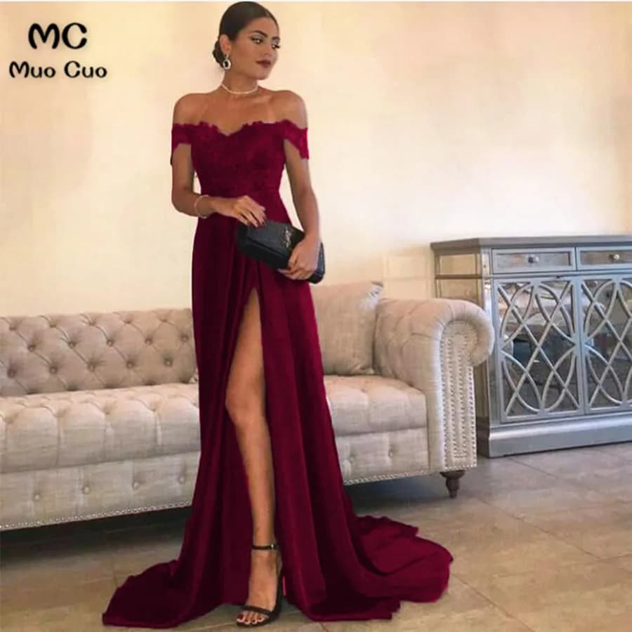 Women's Burgundy Off-Shoulder Chiffon Evening Dress with Front Split for Formal Party Wear