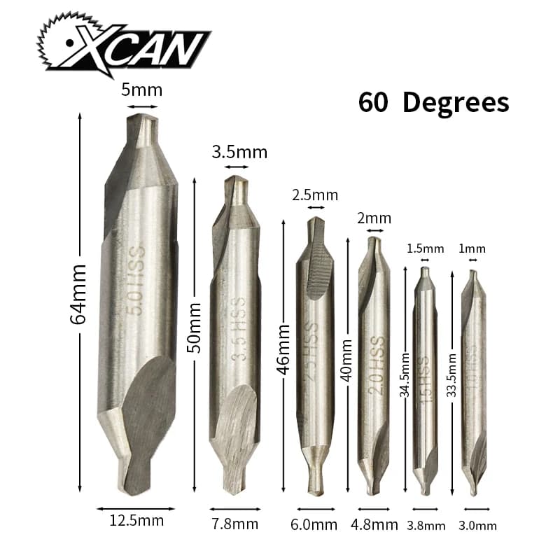 XCAN HSS Combined Center Drills Set - 60 Degree Countersinks Angle Bit - 1.0mm, 1.5mm, 2.0mm, 2.5mm, 3.5mm, 5mm - Drill Bit for Metal