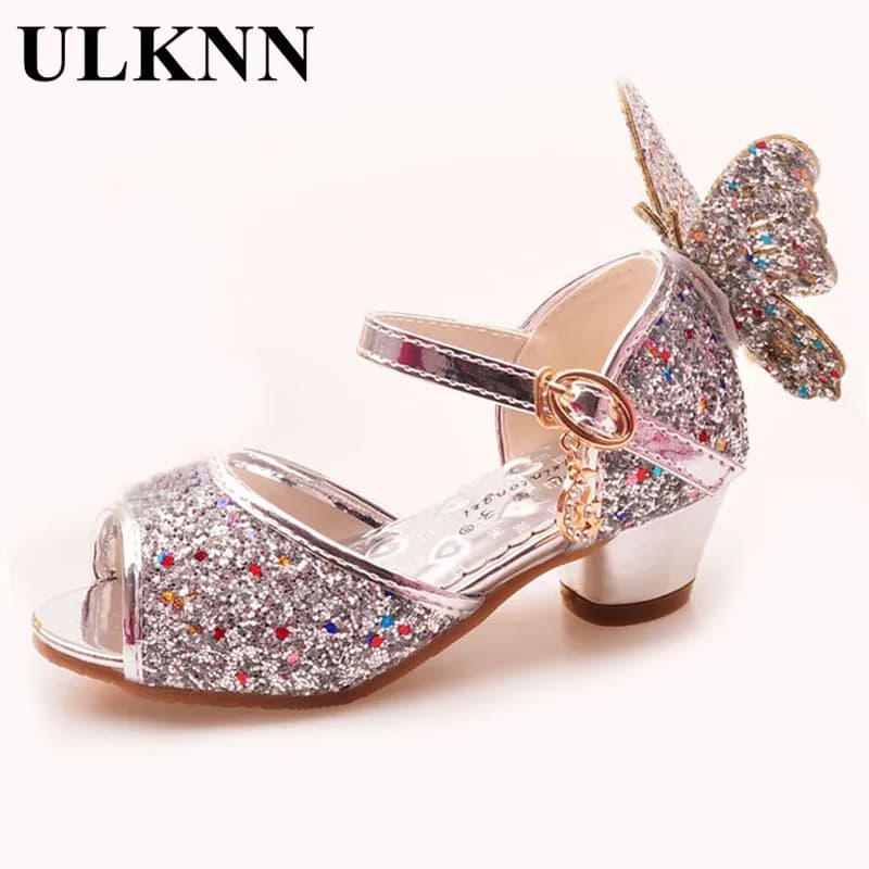 ULKNN Girls Sandals - Rhinestone Butterfly Pink Latin Dance Shoes for Girls Ages 5-13 - Size 6 Children, Size 7 - Summer High Heel Princess Shoes for Kids