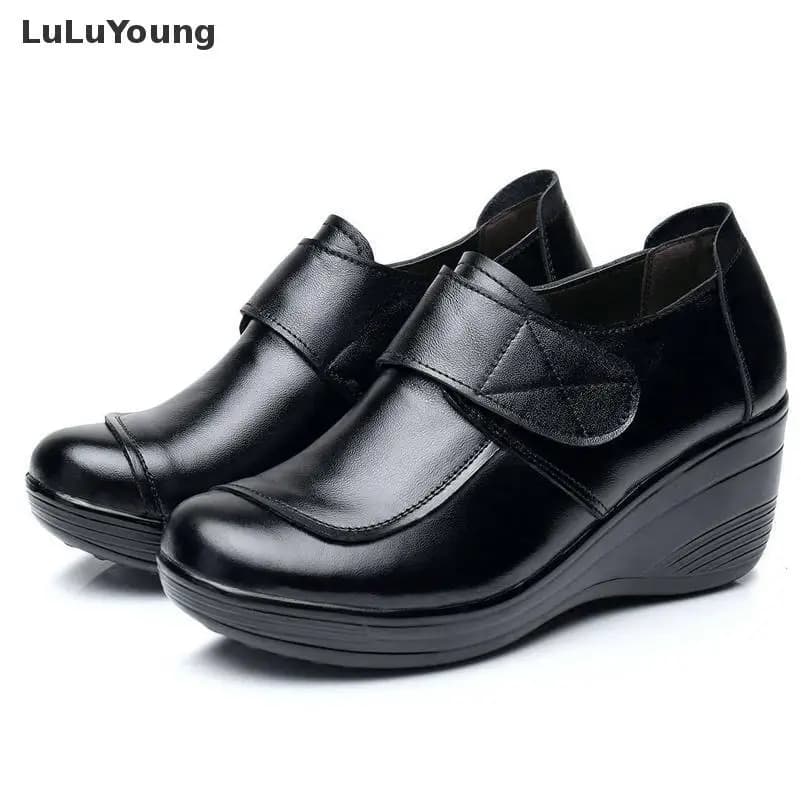 Women's Genuine Leather High Heel Wedge Platform Black Work Shoes - Sy-2757, Comfortable