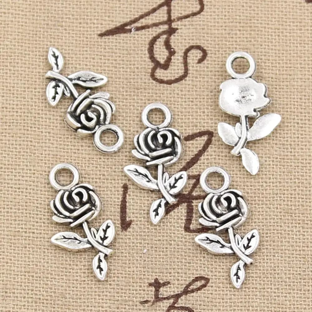 30 Flower Rose Charms - 21x13mm Handmade Craft Pendant Making for Bracelet Necklace - Vintage Tibetan Bronze Silver Color - DIY