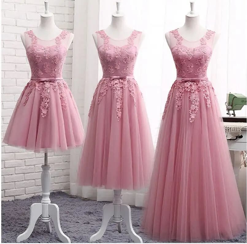 Affordable Dusty Pink Long Sleeveless Lace Appliques Bridesmaid Dresses for Formal Prom Parties