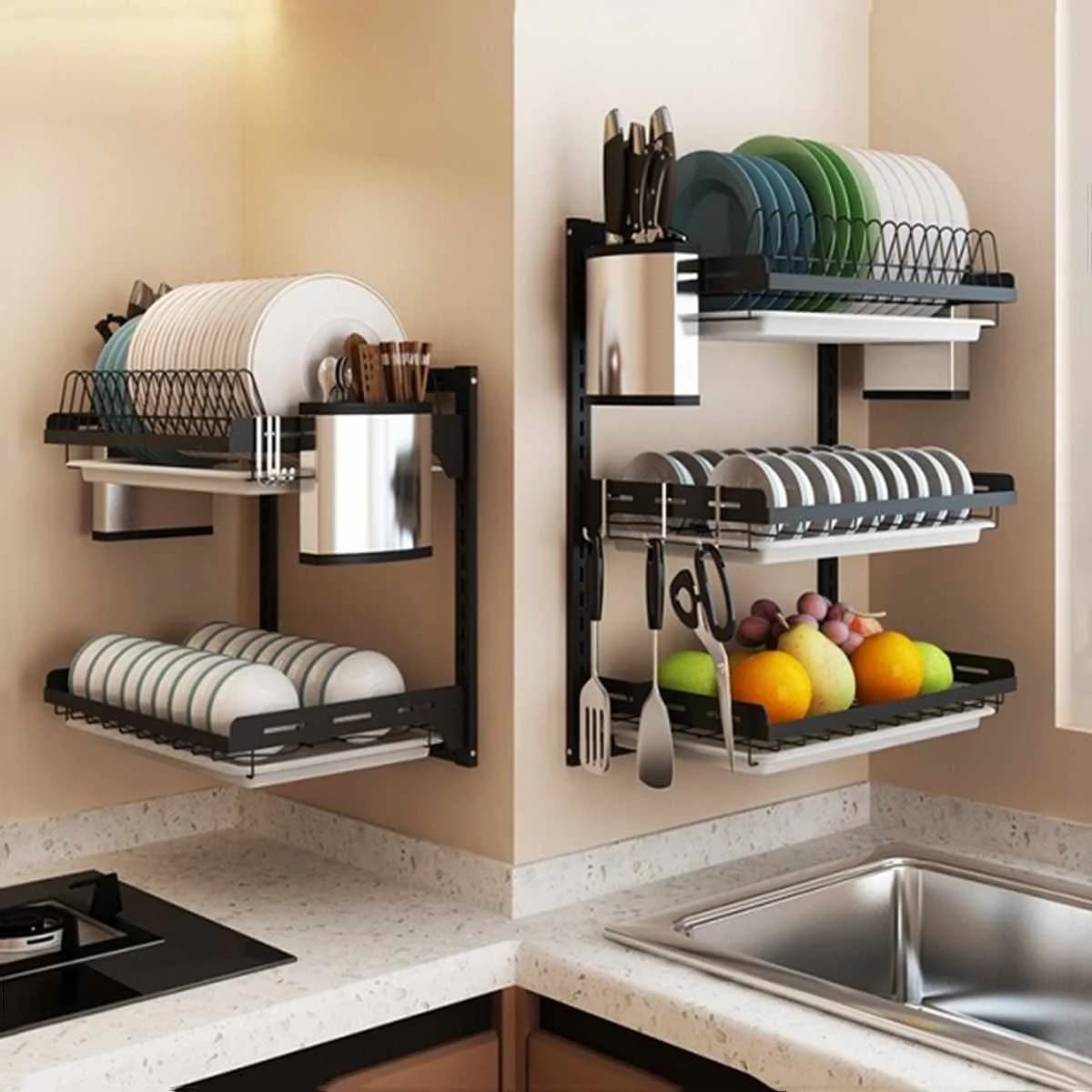 304 Stainless Steel Kitchen Dish Rack Plate Cutlery Cup Dish Drainer Drying Rack Wall Mount Kitchen Organizer Storage Holder