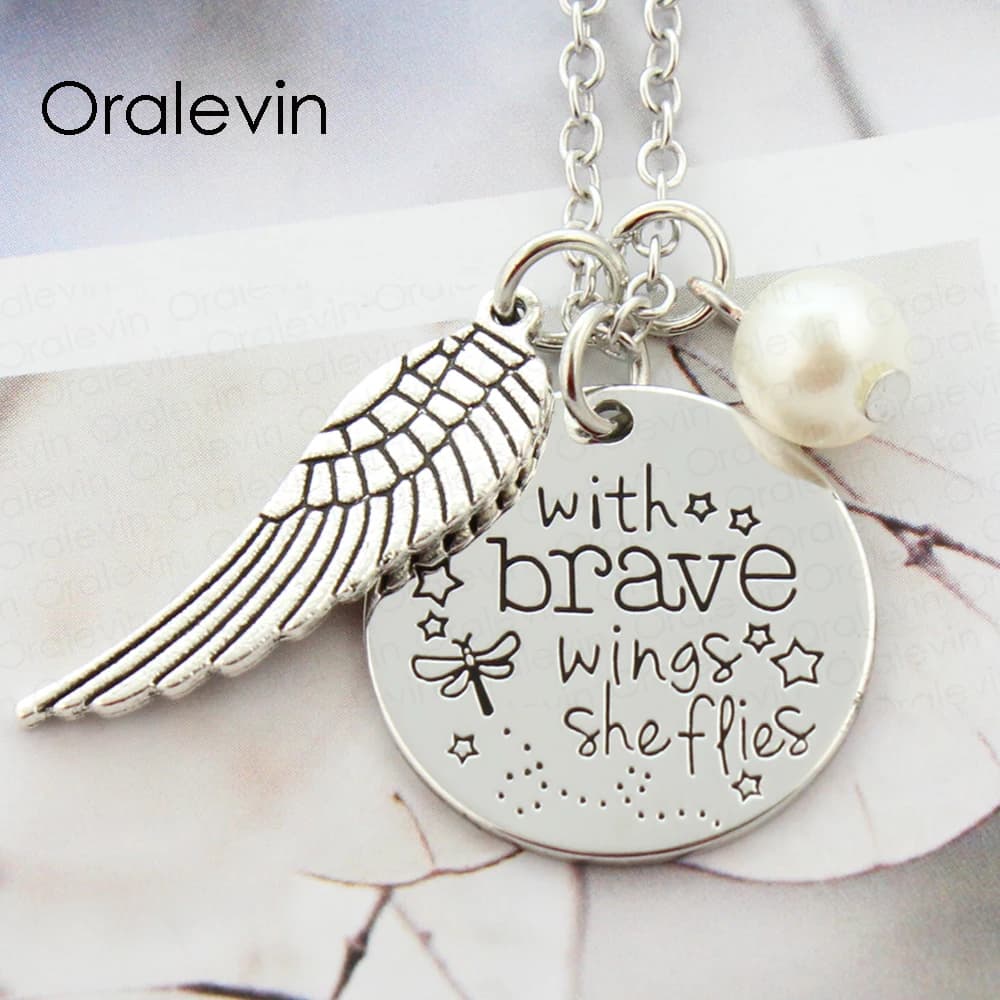 Brave Wings She Flies Inspirational Hand Stamped Angel Wing Necklace - Gift Jewelry