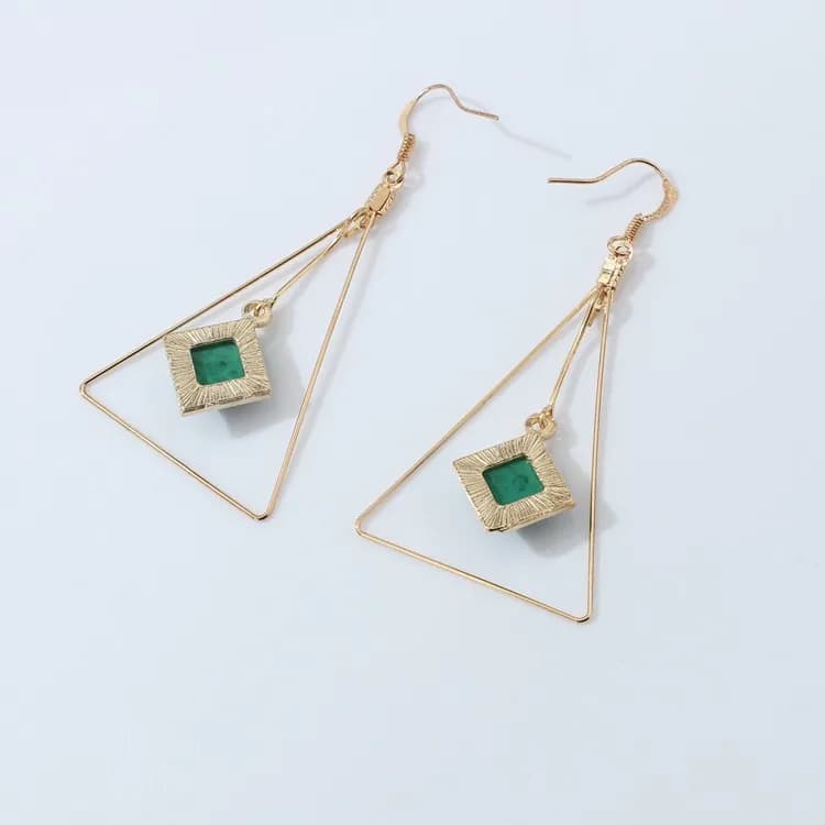 Big Geometric Triangle Green Gem Drop Earrings for Women - Dangle Earrings, Female Jewelry by Brincos