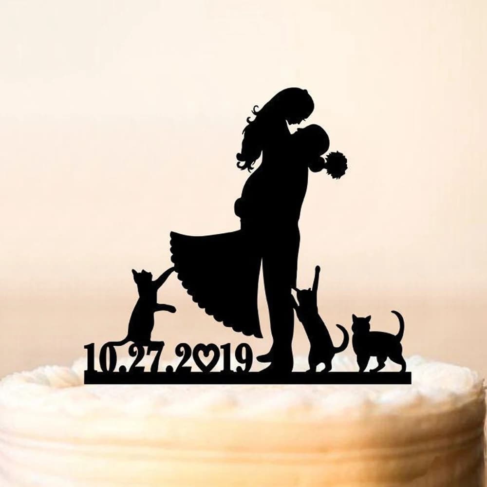 Custom Personalized Wedding Cake Topper with Cats - Date, Bride and Groom with Cats Wedding Cake Decor - Anniversary Topper Decoration