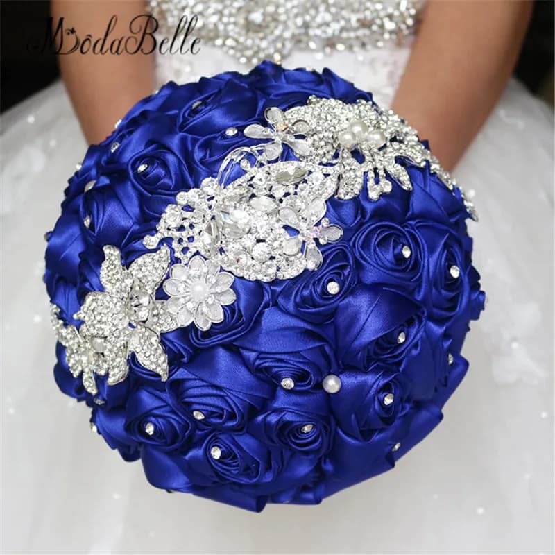 Royal Blue Crystal Satin Artificial Wedding Bouquet by Modabelle – Handmade Roses for Bridal Bouquets