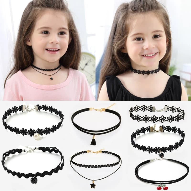 11PCS Fashion Pretty Girls Black Multi-Layer Lace Chains Necklace Kids Exquisite Gothic Stretch Choker Jewelry Children Necklace for SEO optimization