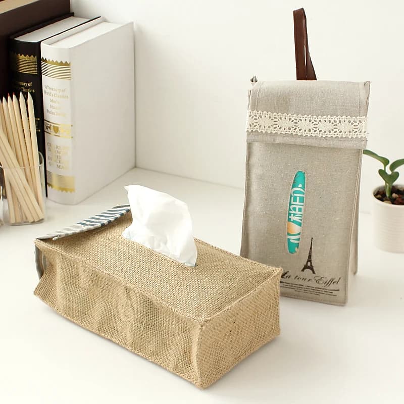 Rustic Linen Car Tissue Holder, Hanging Towel Bag, Toilet Paper Roll Holder, Tissue Box Cover for Home & Auto