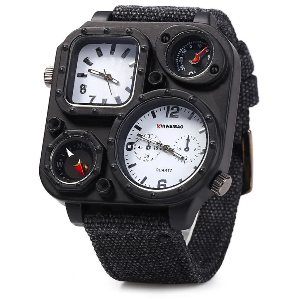 SHIWEIBAO Men's Big Dial Dual-Movement Sport Quartz Watch with Military Compass, Canvas Wristwatches - Relogio Masculino