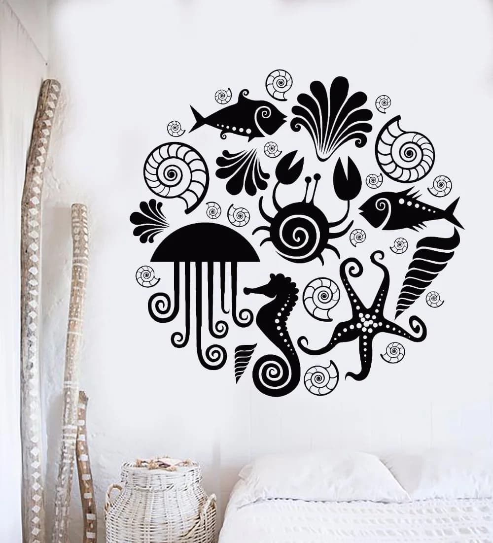 Sea Life Vinyl Sticker Seashells Wall Decals | Starfish Shells Nautical Sticker for Bathroom Decor | Sea Ocean Animal Vinyl Mural - AZ702