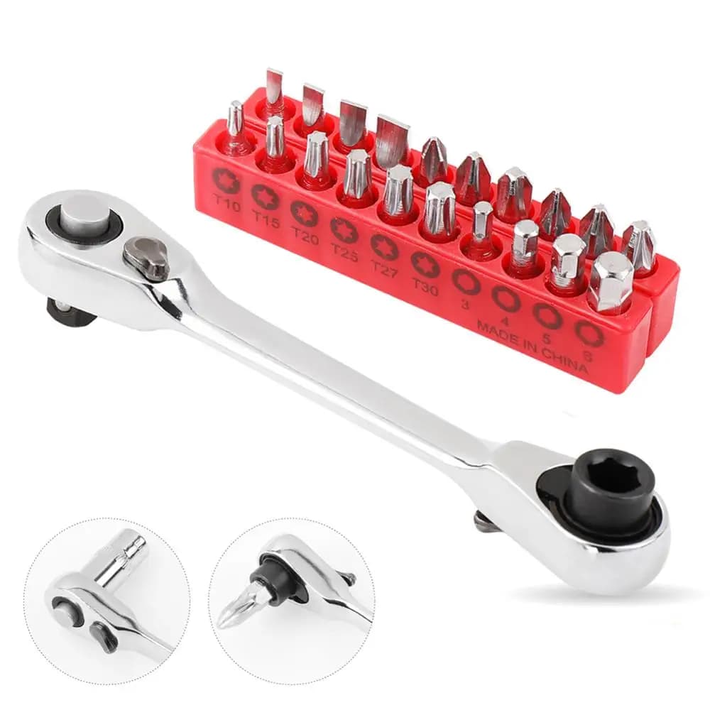 Mini 1/4 Inch Double Ended Quick Socket Ratchet Wrench with Screwdriver Bit, Includes 1 Ratchet Handle