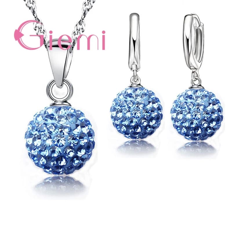 925 Sterling Silver Austrian Crystal Ball Lever Back Earring Pendant Necklace Set for Women - Big Promotion