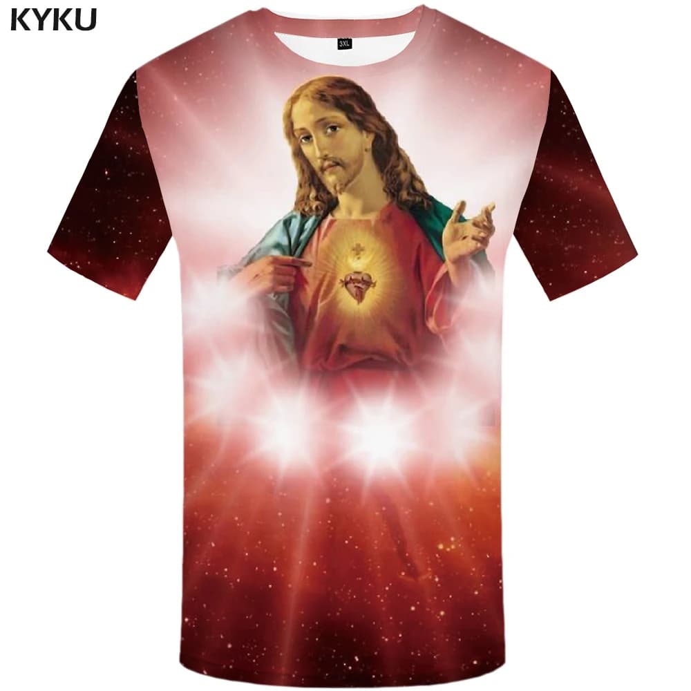 KYKU Men's Jesus T-Shirt Space Anime Hip Hop Punk Rock Streetwear Galaxy Summer Casual Tee