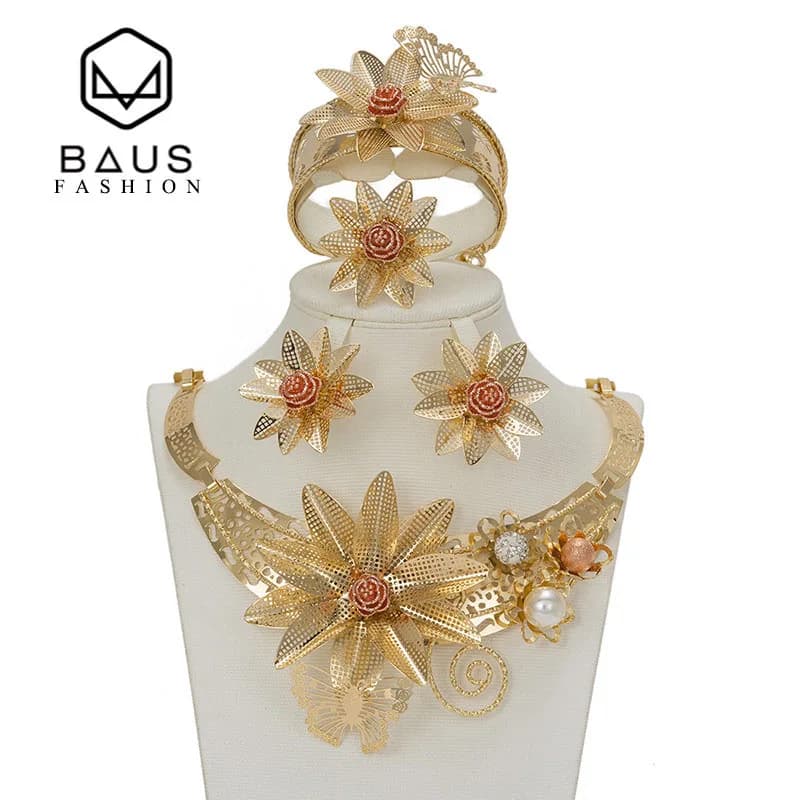 BAUS Dubai Suit Jewellery Flower Type Gold Color Jewelry Set Nigerian Wedding African Beads Ethiopian Gold Bridal Accessories