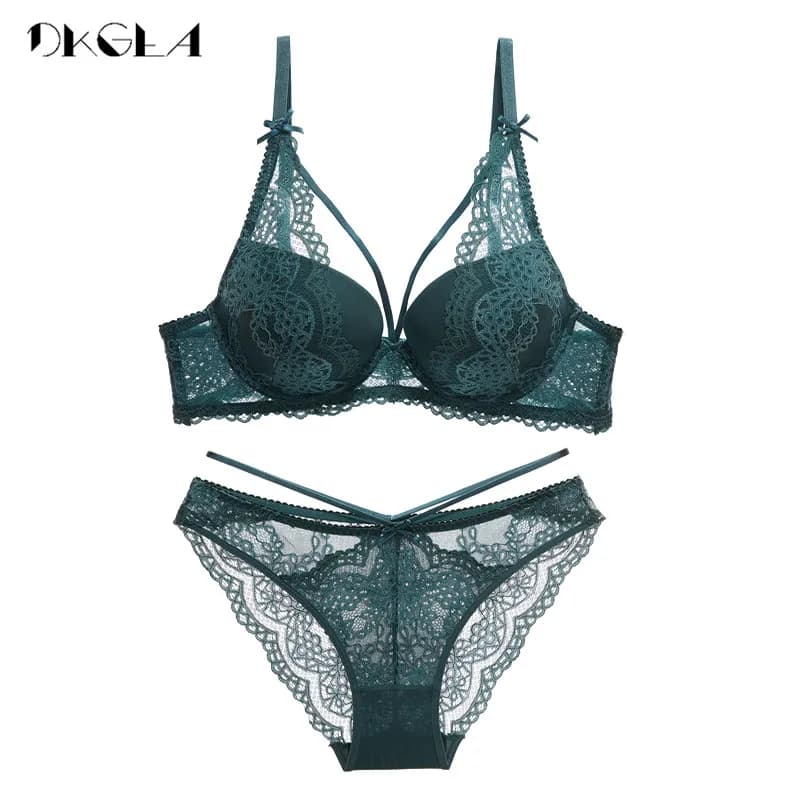 Green Women's Push Up Bra and Panties Set Cotton Thick Padded Black Gather Embroidery Lace Sexy Lingerie