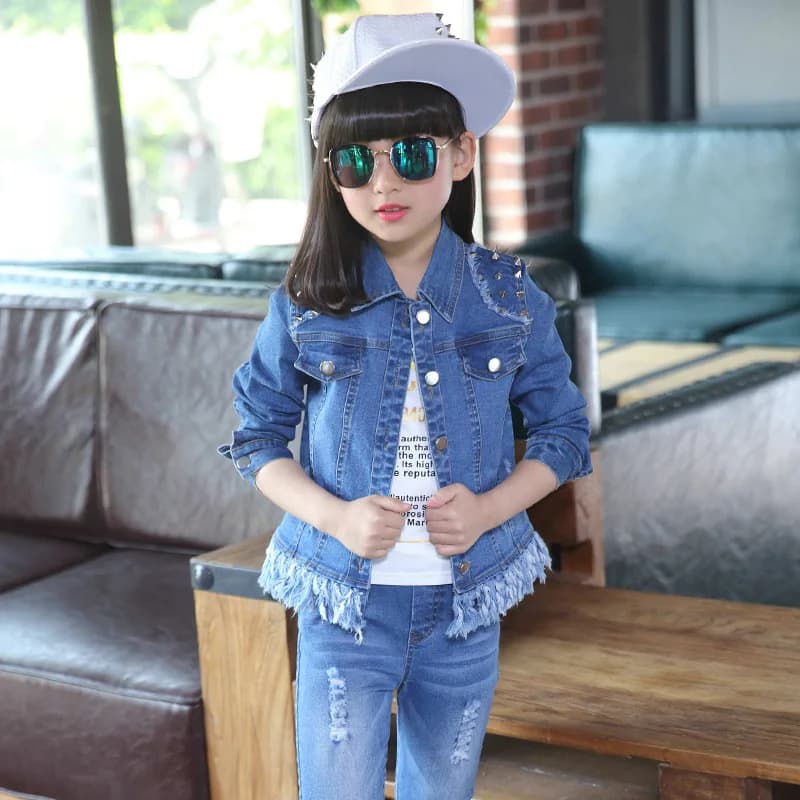 Spring Kids Denim Sets Coat + Jeans Pants Child Casual Outerwear Coat - Autumn Solid Clothing for Girls