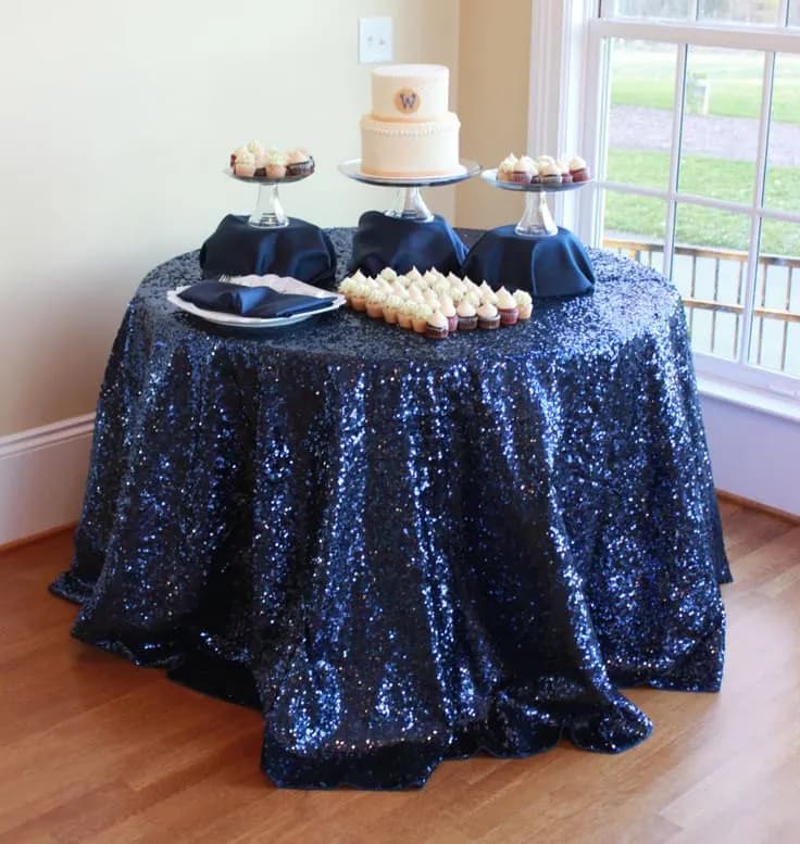 Wholesale Navy Blue Sequin Tablecloths - 120 Round (300cm) Wedding Table Linen; Glitter Sequin Table Cover for Wedding Decoration