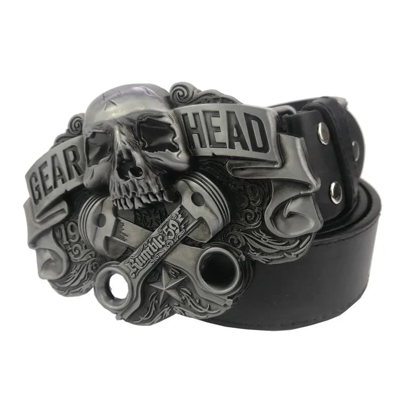 Men's Leather Belt with Silver Plated Metal Skull Cowboys Belt Buckle