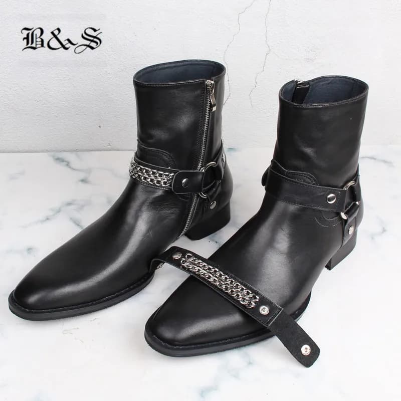 Black& Street Men's Genuine Leather Wyatt Chelsea Boots High Top Slim with Buckle Straps and Two Belts