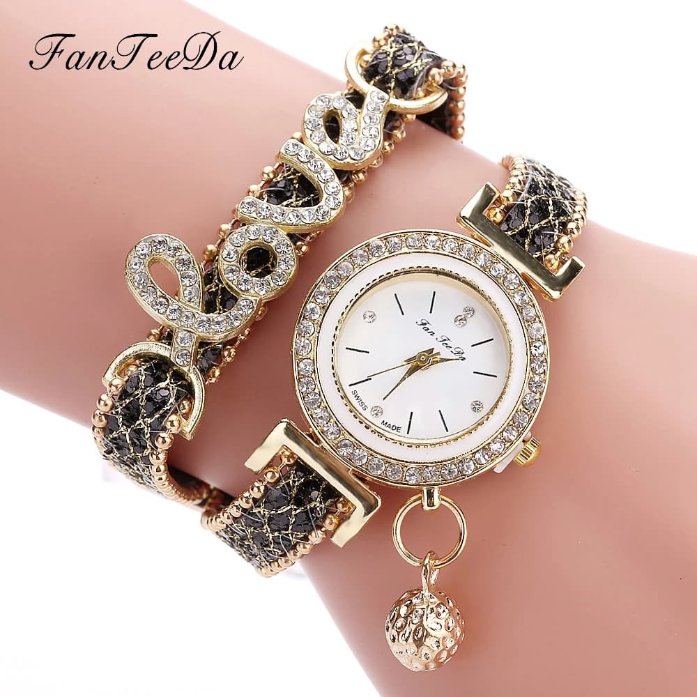 Luxury Fashion Quartz Wrist Watch for Women - FanTeeDa Top Brand Ladies Love Bracelet Watch with Leather Strap and Rhinestone Embellishment