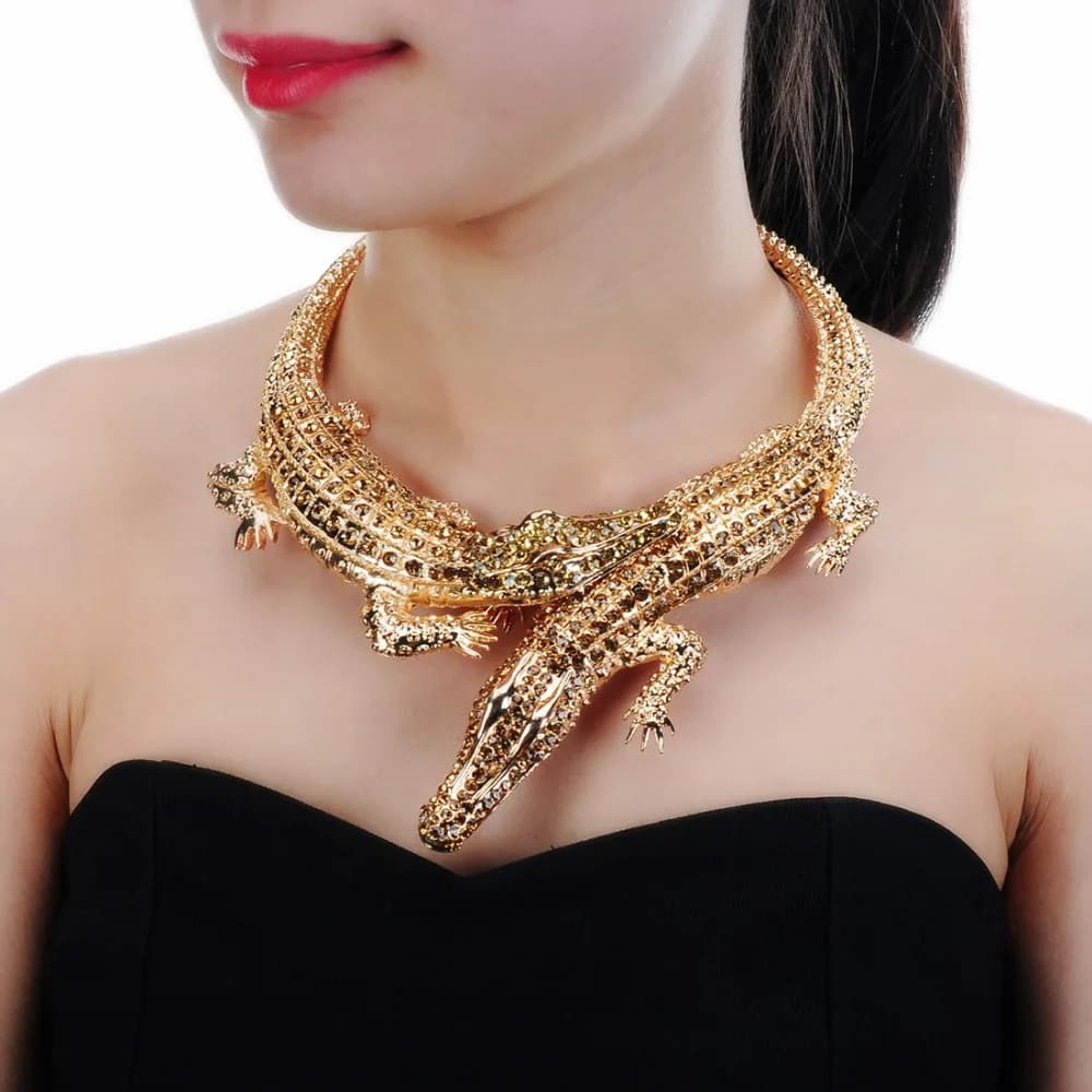 JEROLLIN Women's Statement Choker Necklace, Rhinestone Inlay Crocodile Design, Alloy Maxi Jewelry Bib Collar