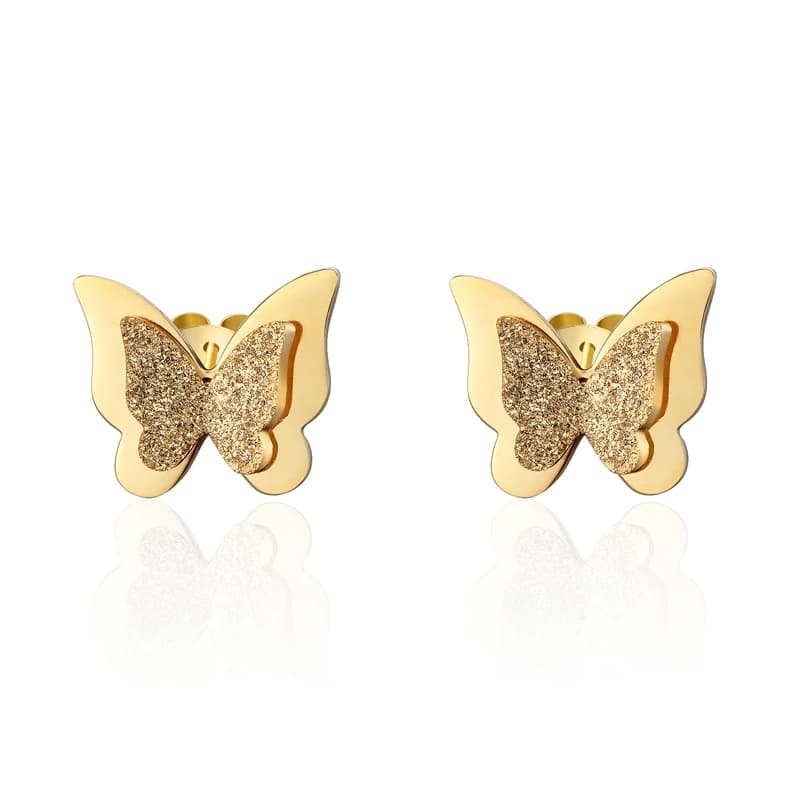 Classic Brand Jewelry - Pair of Frosted Butterfly Stud Earrings in Gold Color Stainless Steel for Women - Best Jewelry Gift