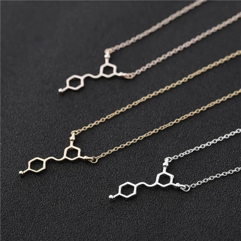 Resveratrol Red Wine Molecule Necklace with Formula for Hormones Chemical Structure, Caffeine, Serotonin, Dopamine, and THC Molecular Necklaces