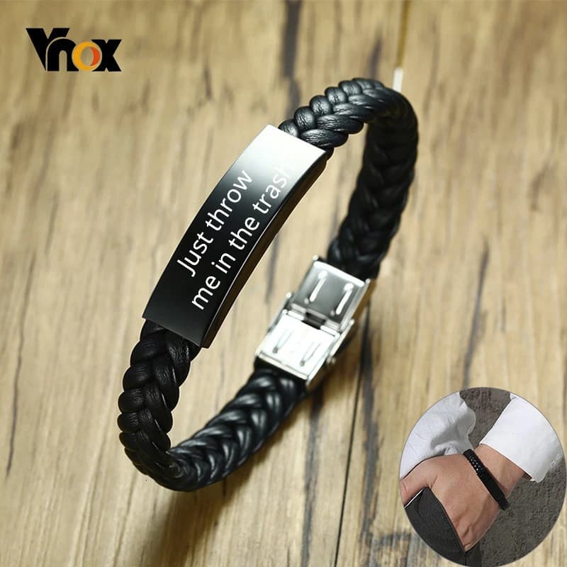 Personalized Braided Leather Bracelet for Men - Black Stainless Steel ID Bar with Custom Name or Date - Vnox