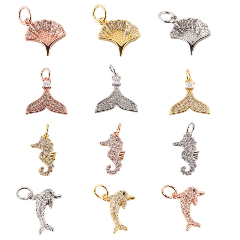 Gold Animal, Fish, and Shell Charms for DIY Jewelry Making with Copper Mosaic, CZ and Zircon Accents