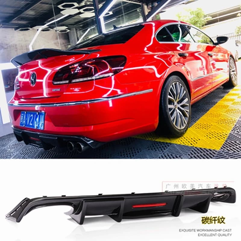 Carbon Fiber Rear Lip Spoiler with LED Light for Volkswagen Passat CC VW CC 2009-2017 | Fins Shark Style Diffuser Bumper Guard, ABS Material