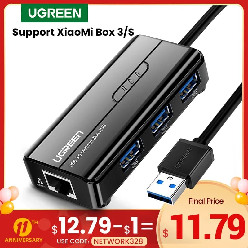 Ugreen USB Ethernet Adapter Hub for Xiaomi Mi Box 3/S Set-top Box - USB 3.0/2.0 to RJ45 USB Hub - Network Card with USB LAN