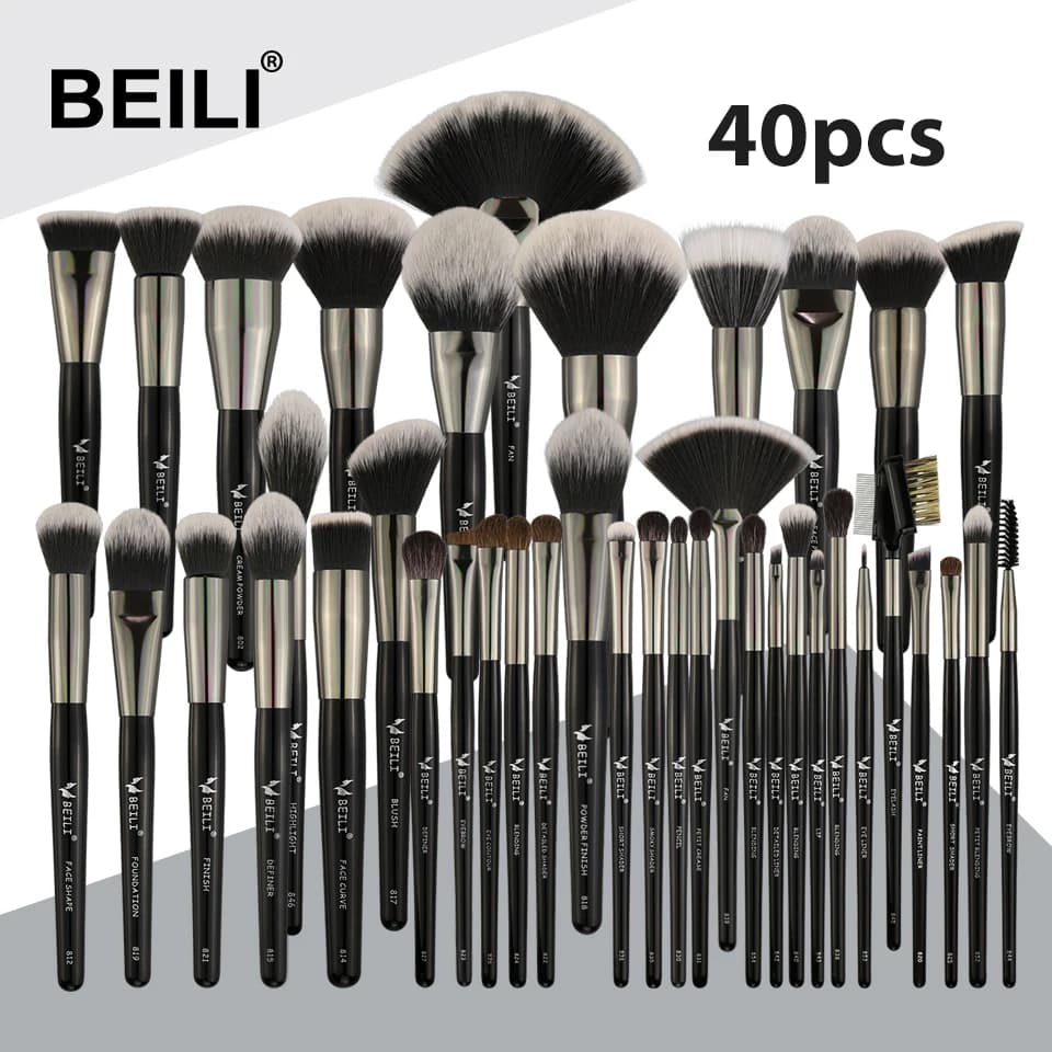 Professional Black 40-Piece Makeup Brush Set by BEILI with Natural Soft Bristles for Powder Blending, Eyebrow Filling, Fan Brush, Foundation, and More