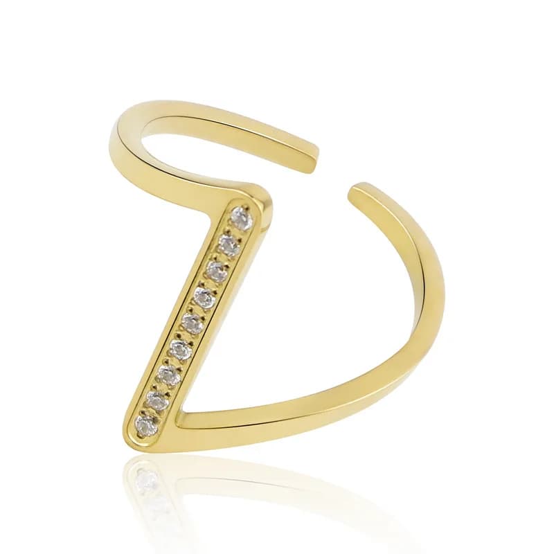 Stainless Steel Women's Gold Color Fashion Ring with 9 Zircon Inlays - Unique Curved Design, Ideal for Gifting