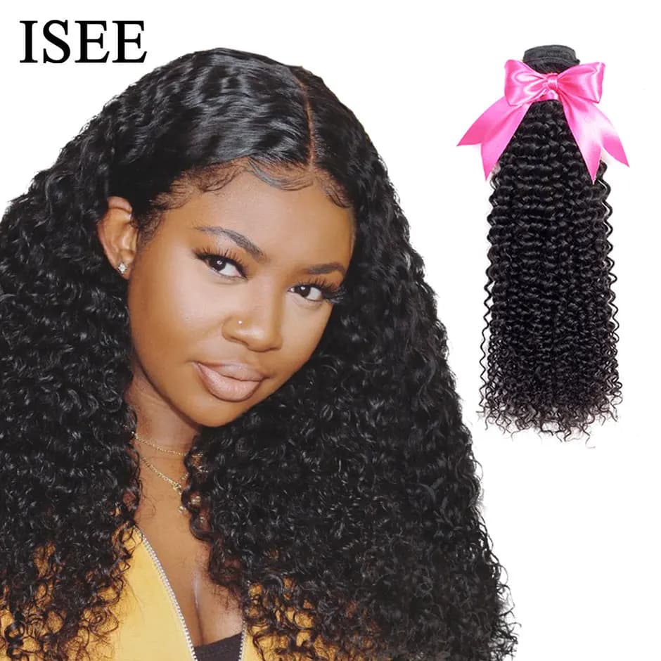 ISEE HAIR Mongolian Kinky Curly Hair Bundles - 100% Remy Human Hair Extensions - Nature Color - Buy 1/3/4 Bundles - Thick Kinky Curly Bundles