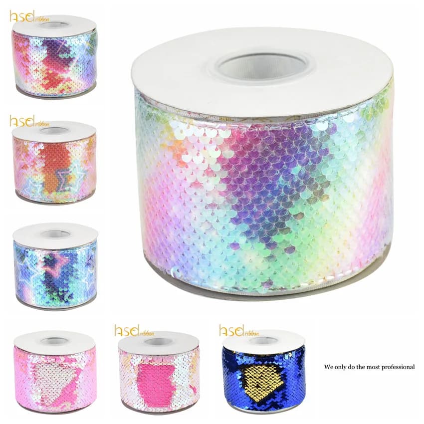 75mm Reversible Glitter Sequin Ribbon - HSDRibbon - 3 Inch Width - 25 Yards per Roll