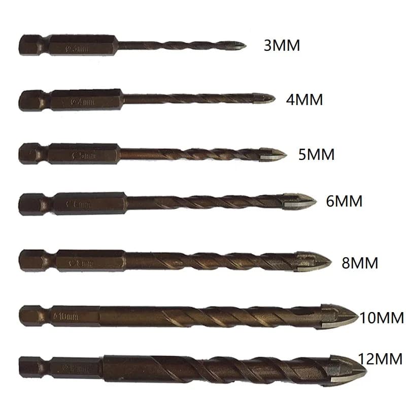 Hard Alloy Drill Bits Set for Glass, Ceramic and Concrete with Hex Shank - Includes 1/5/7 Drill Sizes: 3, 4, 5, 6, 8, 10, and 12 MM