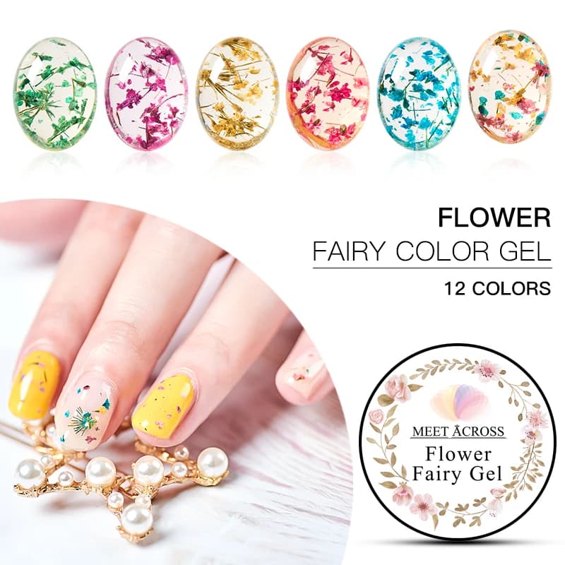 MEET ACROSS Lucky Fairy Gel Polish with Dried Flowers - 5ML Semi-permanent UV Soakoff Gel with Floral UV Gel Varnish for Natural Gel Nail Design