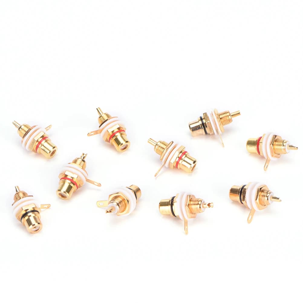 10pcs RCA Female Jack Plated Connector with Gold Panel Mount Chassis for Audio Socket Plug Bulkhead White Cycle, Nut and Solder Cup Included