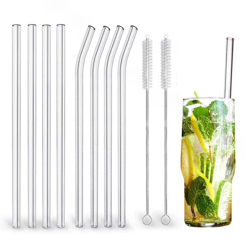 Reusable Eco-Friendly Borosilicate Glass Straws with Cleaning Brushes for Smoothies and Cocktails - Bar Accessories