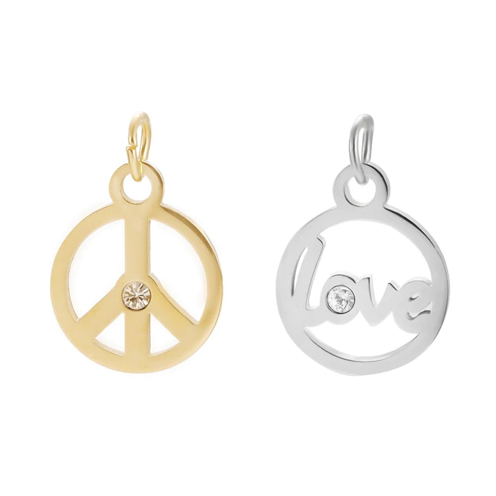 Bulk Gold Love Peace Charms for DIY Jewelry Making – Pendant, Earring, Necklace Metal Accessories | Copper CZ, 5mm Hole