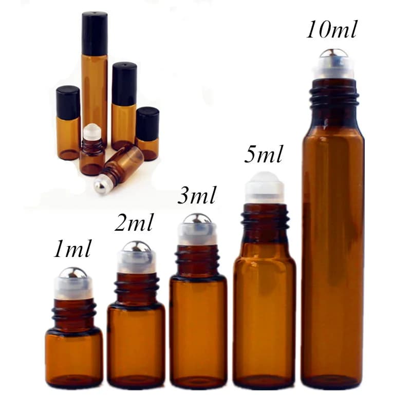 50pcs/lot 1ml-10ml Clear/Amber Glass Roll on Bottles with Thin Glass Roller and Glass/Metal Ball - Perfect for Essential Oil Vials