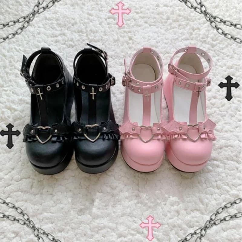 Kawaii Lolita Shoes - Dark Goth Punk Platform Demon Bat Style with Bowknot, 5.5cm High Heel for Cosplay